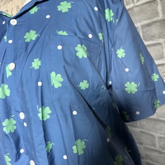 Men's Blue button up Shirt with Green Clovers & dots - Picture 5 of 8